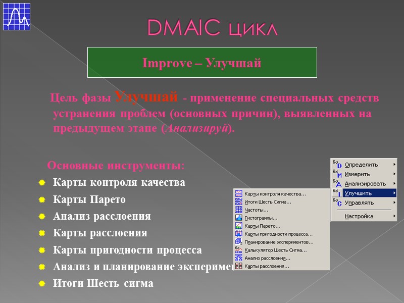 DMAIC цикл Improve – Улучшай     Цель фазы Улучшай - применение